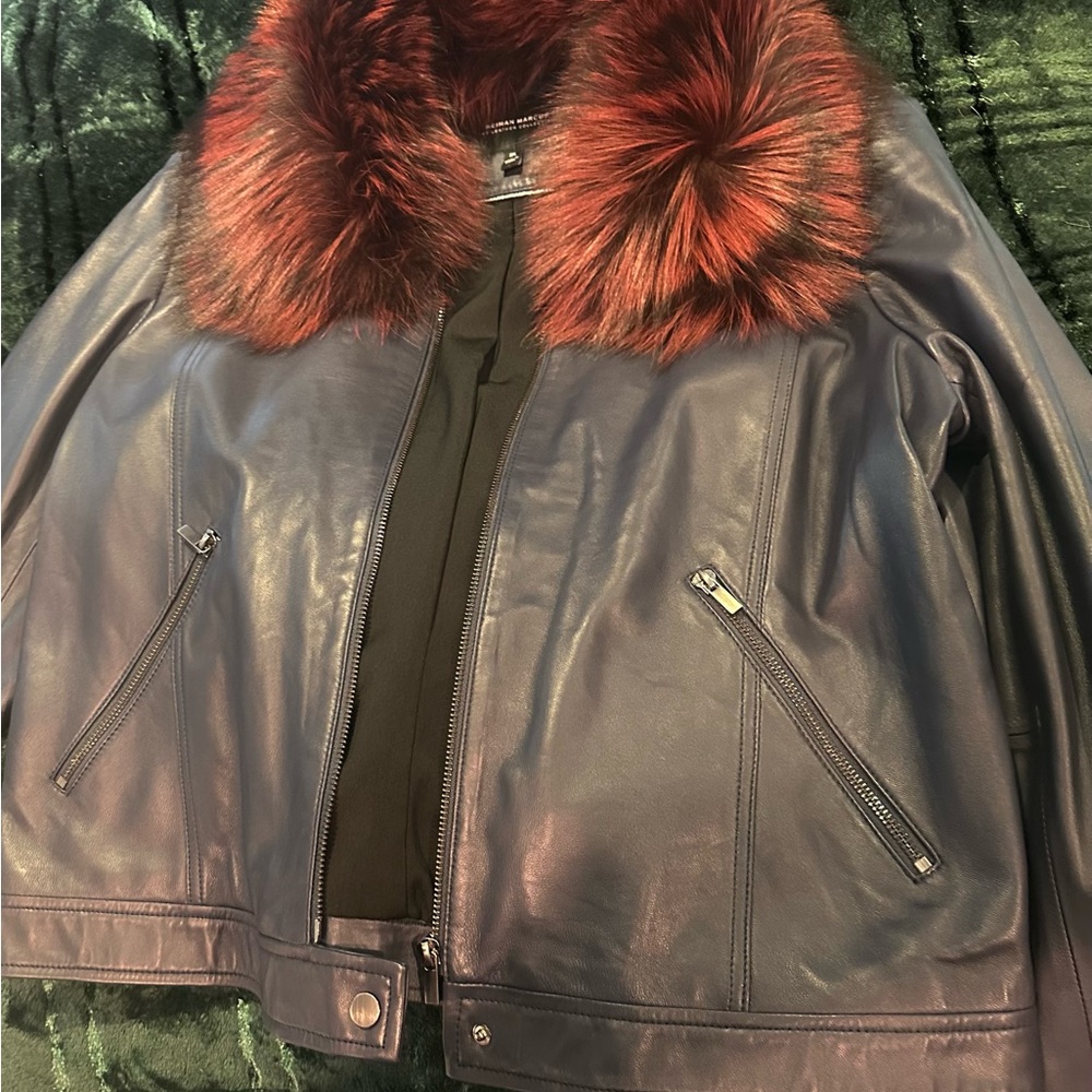 Neiman Marcus Navy Blue Leather Jacket with Red Faux Fur Collar